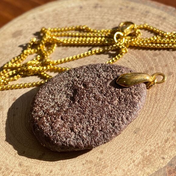 Gold Flecked Resin on Flat Brown Stone Necklace - Picture 2 of 10